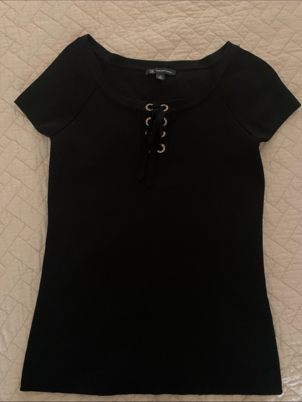 INC International Concepts Short-Sleeve Grommet Lace-Up Top Black Medium